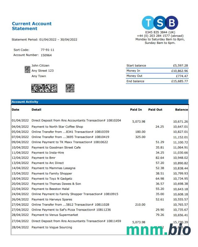 Wyciąg z banku TSB w Wielkiej Brytanii, szablon Excel i PDF